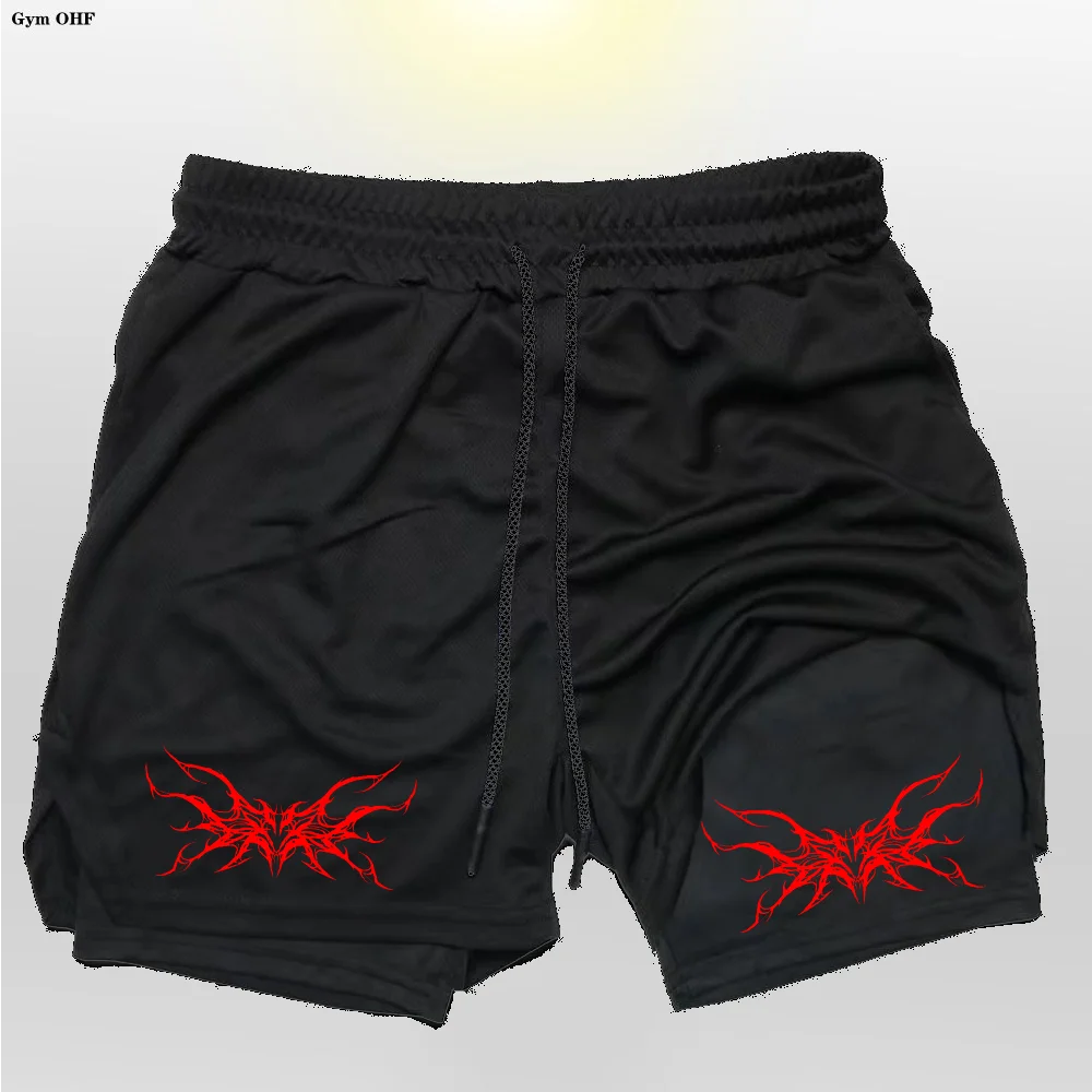 Anime Mens Shorts Sport 2 in 1 Gym Jogging Running Training Breathable Fitness Double Layer Hidden-Pocket Short Pants
