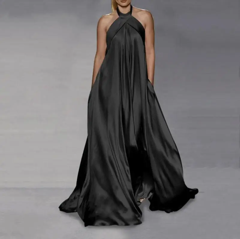 Women Dress Temperament Color Big Pendulum Sleeveless Hanging Neck Hollow Loose Fashion Solid Color Long Summer Banquet Dress