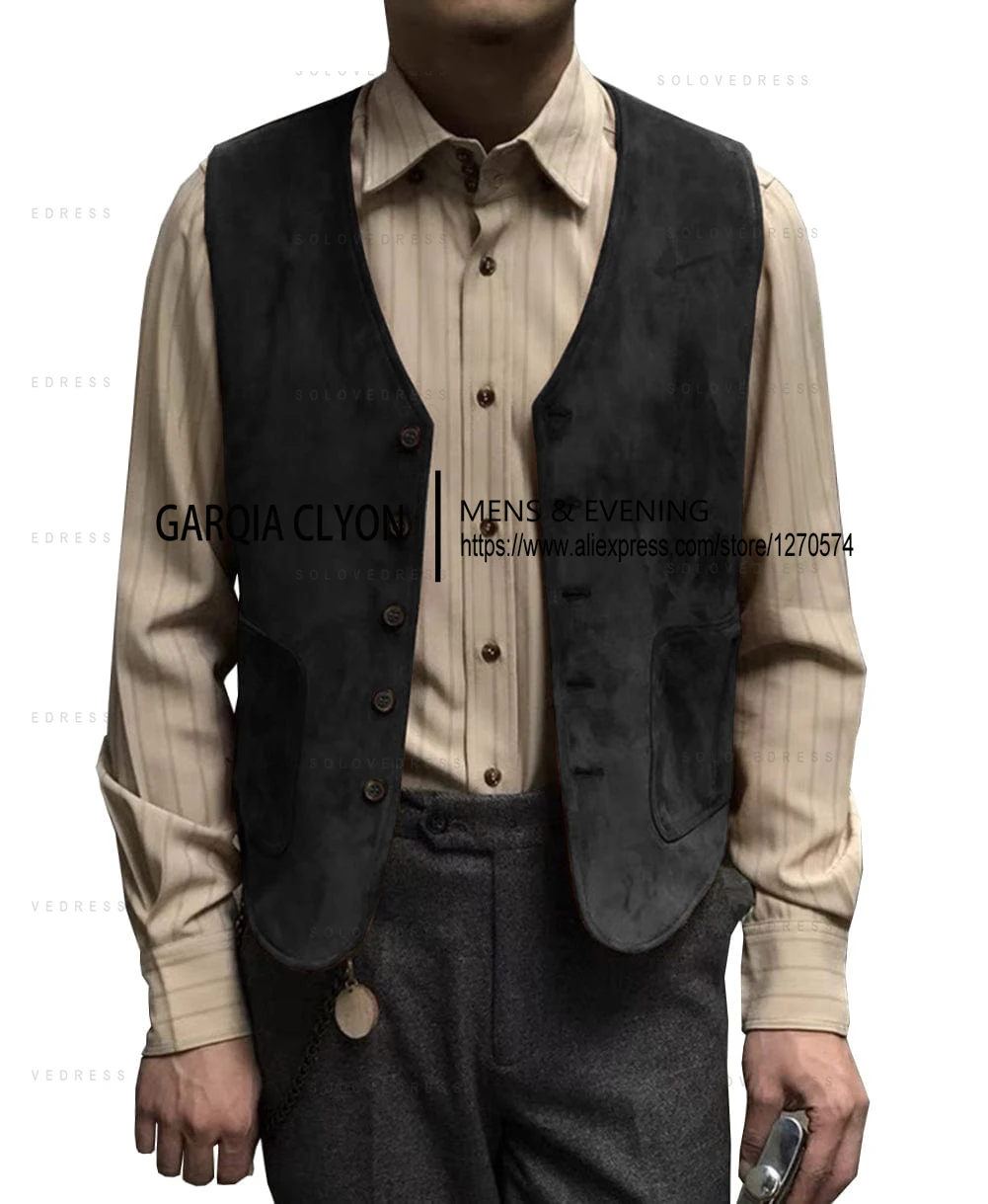 Casual Men's Fashion Suede V Neck Waistcoat Denim jacket  Single Breasted Men’s Vest 3