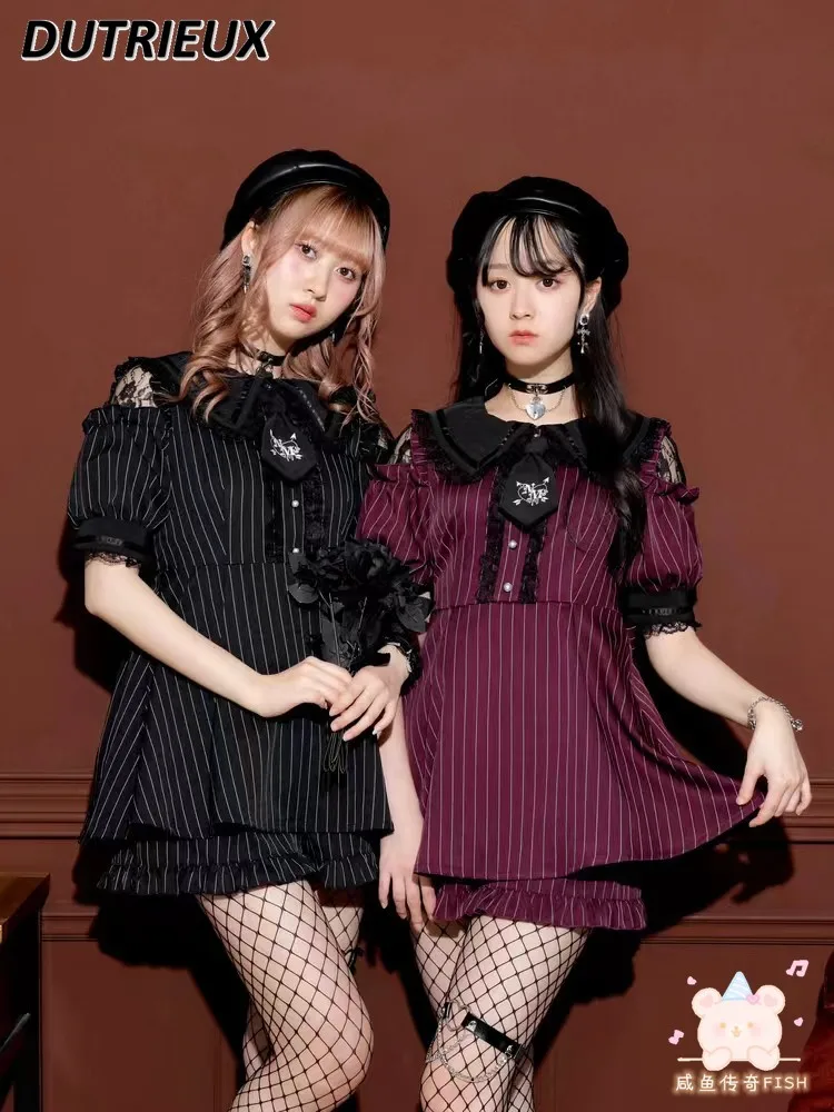 Japanese Summer New Sweet Embroidered Tie Striped Short Sleeve Top Mine Mass-Produced Dress and Base Shorts Two Piece Set