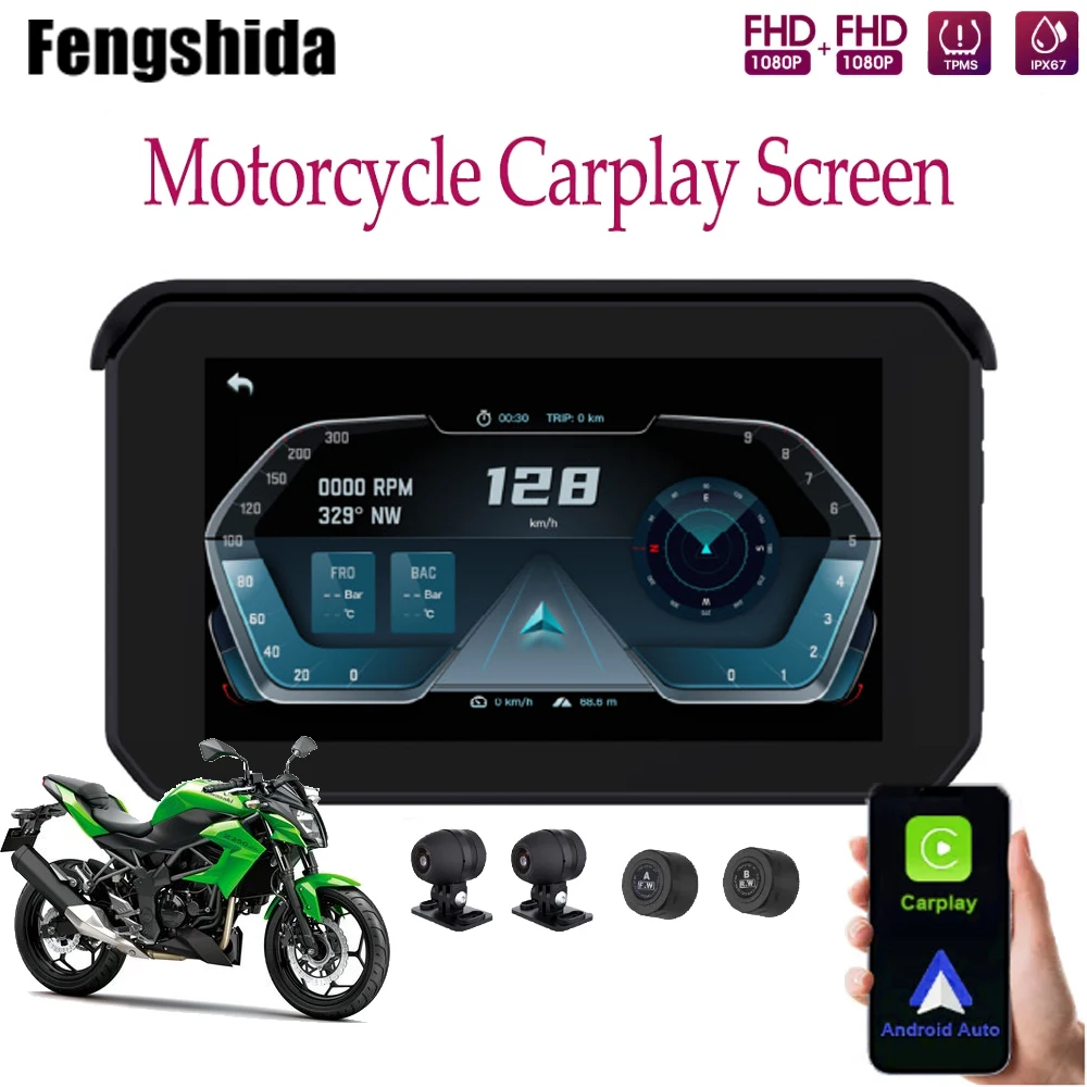 

GreenYi Motorcycle Carplay Waterproof 1080P 5 inch WiFi Wireless Android-Auto DVR Monitor Dash Cam GPS Navigation TPMS