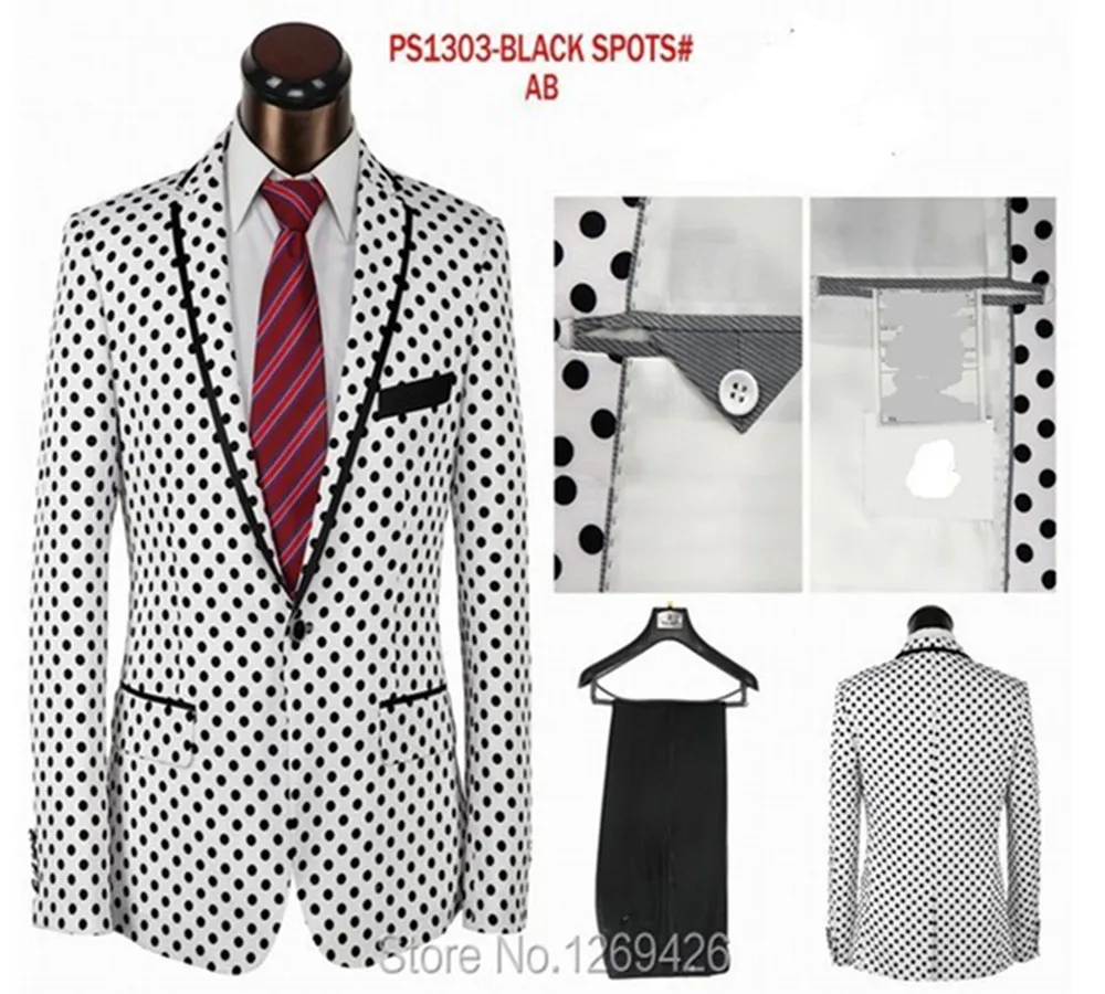 

hotsale high quality fashion brand Polka Dot men dress suits party suits wedding suits white black color pant+jacket