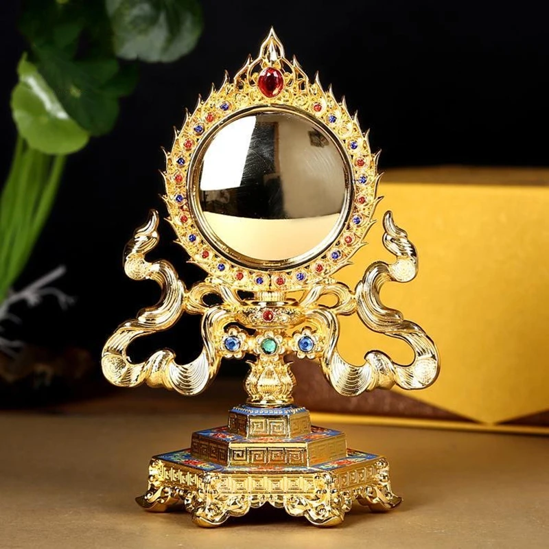 

Gold Buddhist Tantric Mirror Alloy Handicraft Auspicious Tibetan Tribute Buddhism Home Gift Collection Indoor Desktop Decorative