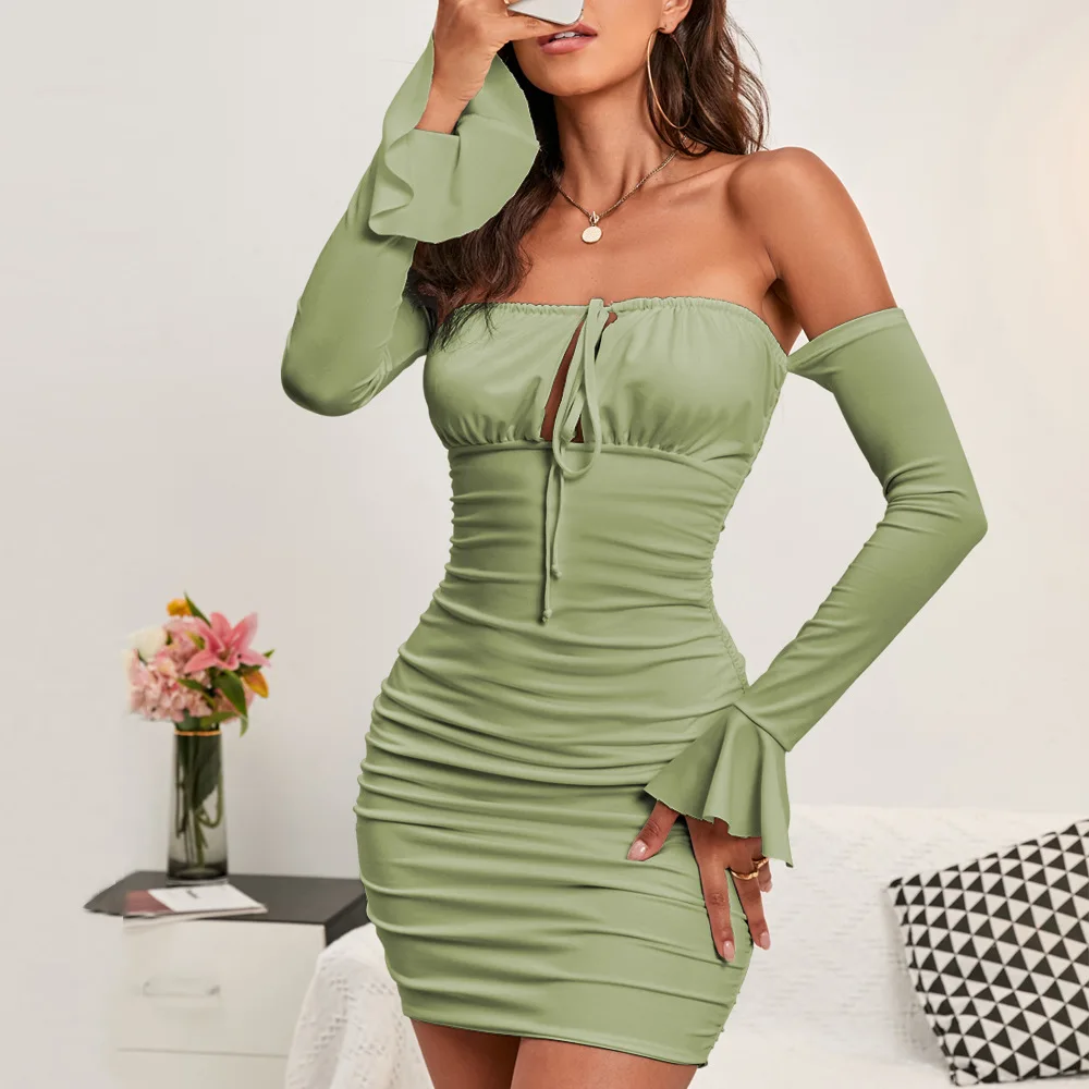 

Women's Sexy Off Shoulder Flare Long Sleeve Drawstring Ruched Bodycon Mini Dress Party Club Mini Dress