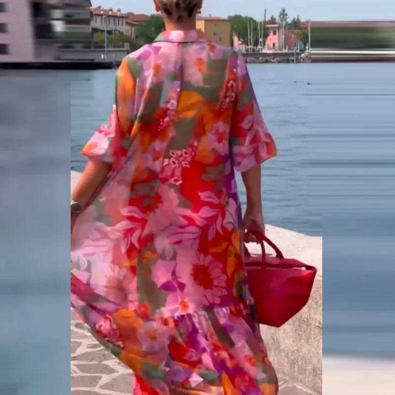 Autunno femminile partito Maxi vestito etnico donne 3/4 manica stampata abito lungo Vintage Polo collo allentato maniche lunghe grandi abiti Swing 2