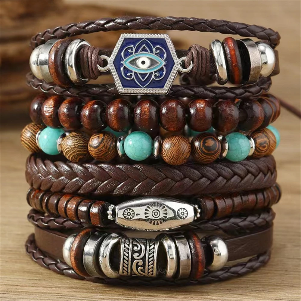 Feather Evil Eye Ethnic 5-6pc/set wood bead tree Charms bracelets Hamsa Hand Butterfly Bohemia Men Bracelets Women Jewelry 6