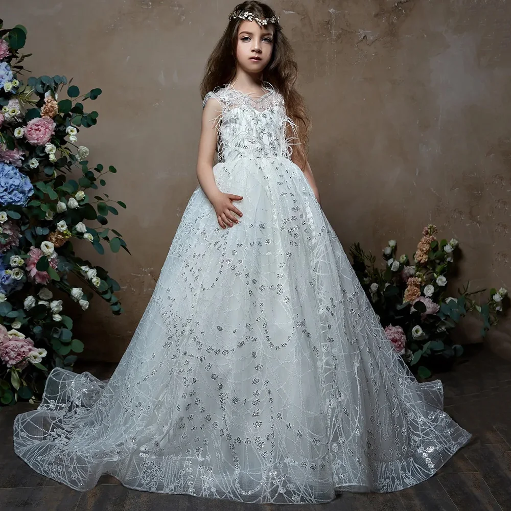 

Glisten Sequin Flower Girls Dresses Appliques Feathers A-Line Tulle Pageant Gown Simple Crystal V-Neck Floor-Length Party Dress
