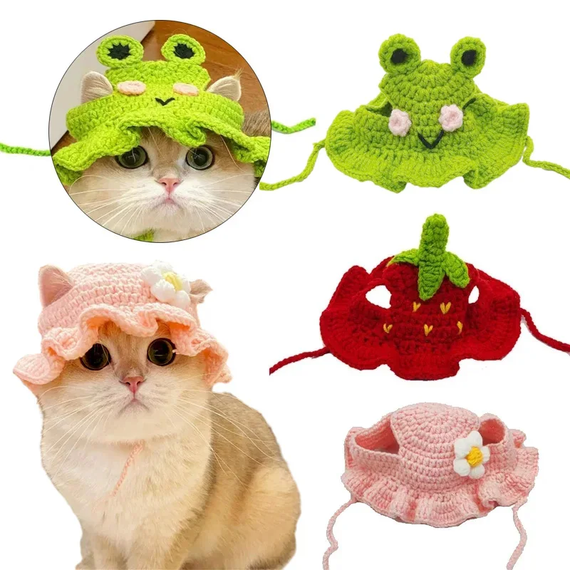 Hand-made Cat Pet hat Elastic Woven Cap Puppy Kitten Headwear Knitted Party Photo Shoot Props Decoration Cat Accessories