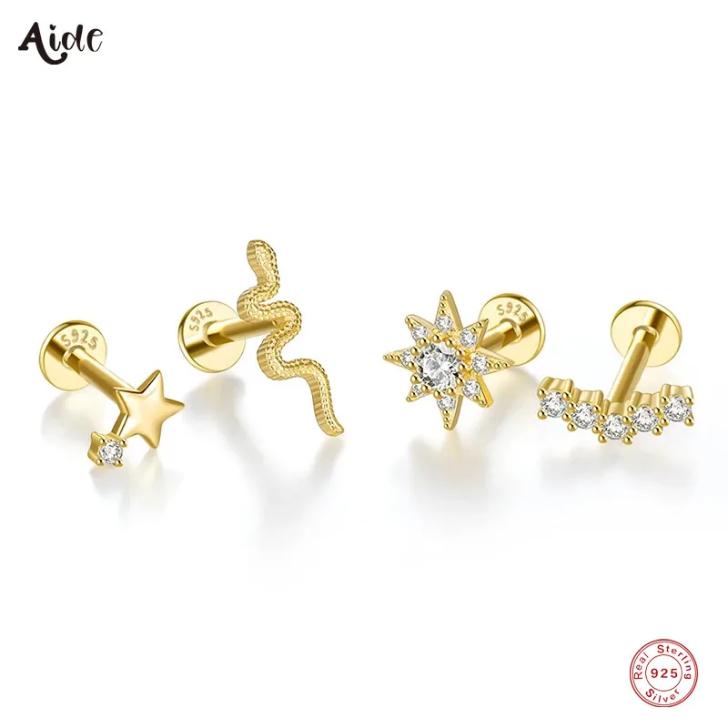 

Aide 925 Sterling Silver Bar Hollow Star Stud Earrings Zircon Lightning Ear Piercing Helix Tragus Cartilage Conch Labret Jewelry