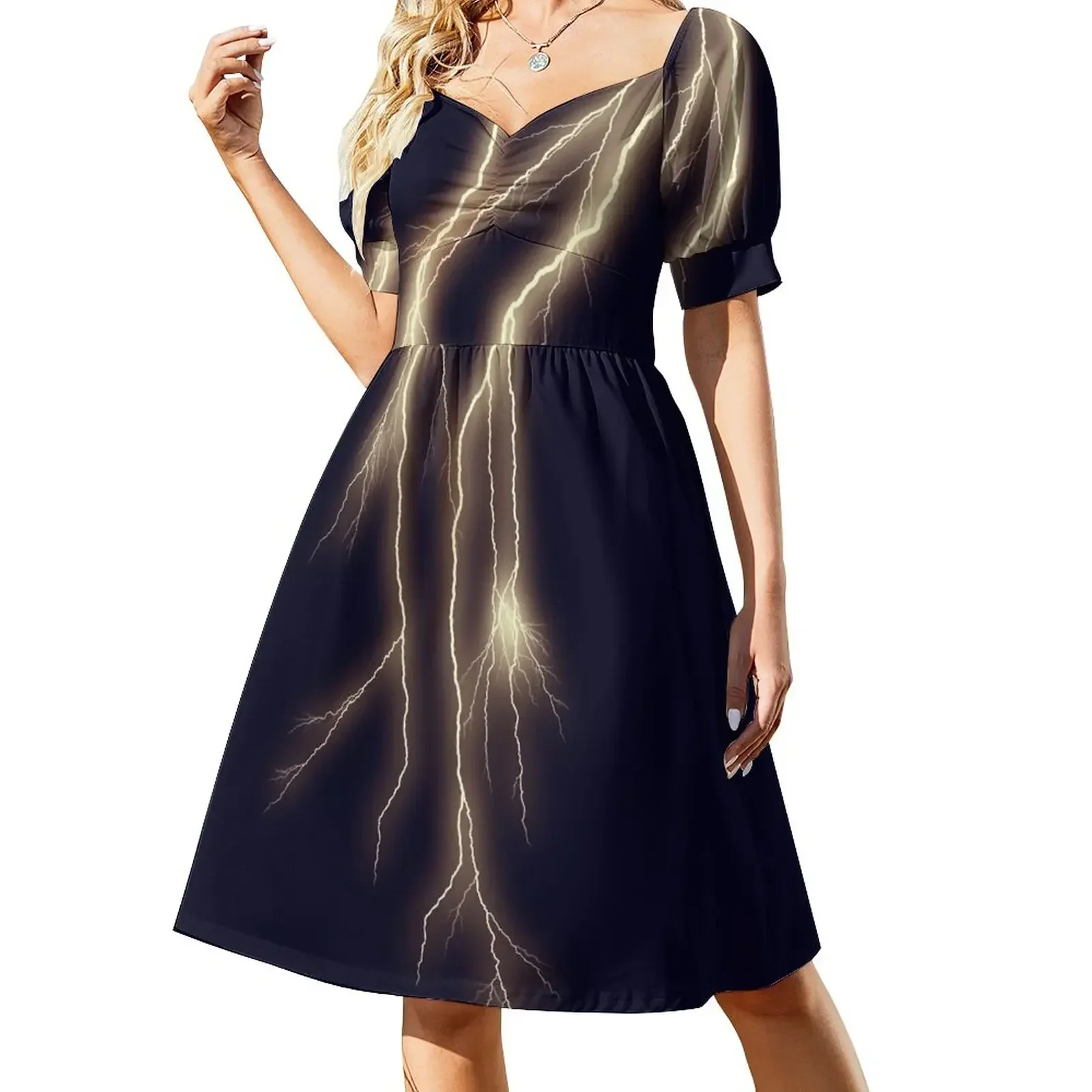 thumbnail image 1 of Vestido de manga corta con rayo sobre índigo, bonito vestido, elegantes vestidos para mujer, 1 of 8