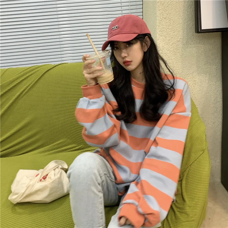 Spring Autumn Korean Fashion O-Neck Striped Long Sleeve Oversized Pullovers Women Loose Casual Sweatershirt Harajuku Tops Teen