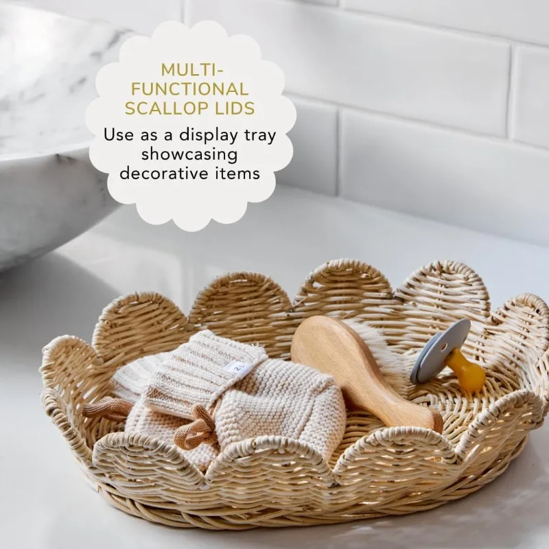 Hand Woven Rattan Basket Set-Small Scalloped Baskets-Round Wicker Basket Wicker Storage Rattan with Lid