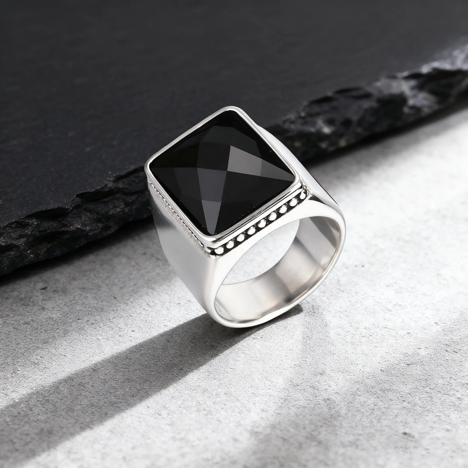 Black Square Ring for Men Boys,Waterproof Stainless Steel Signet Ring,Punk Ethnic Jewelry Gift