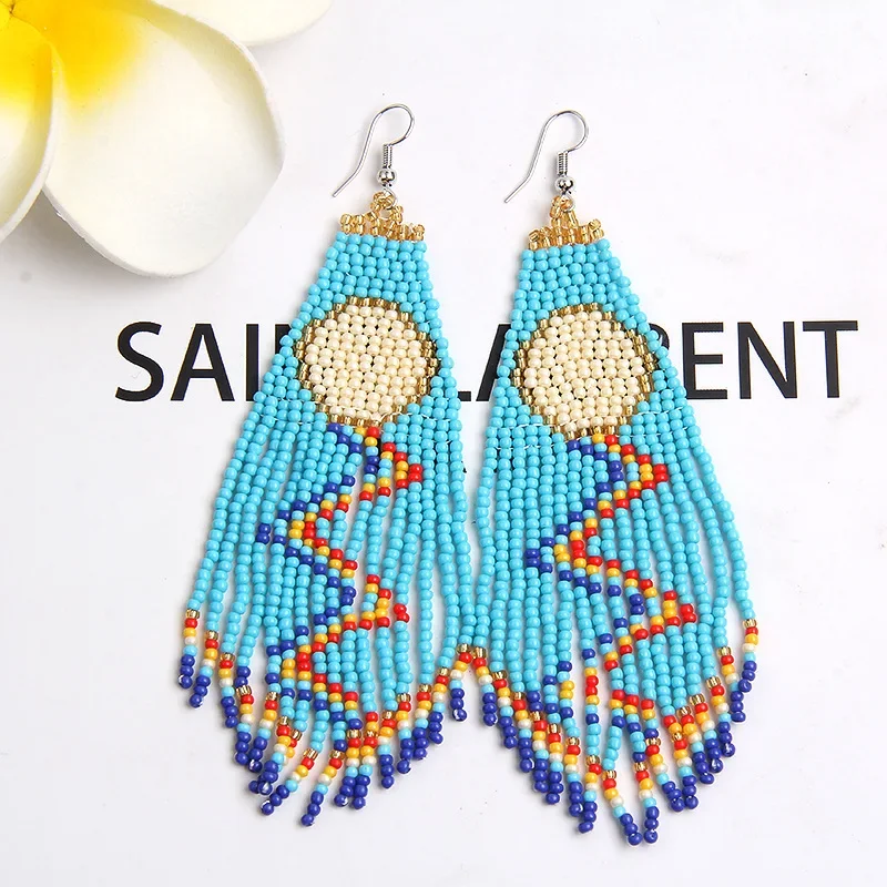 

Серьги с бахромой ручная вязка Бисероплетение градиент солнце, луна и звезды молния богемный геометрический сплав мэм бусины в виде риса Ea