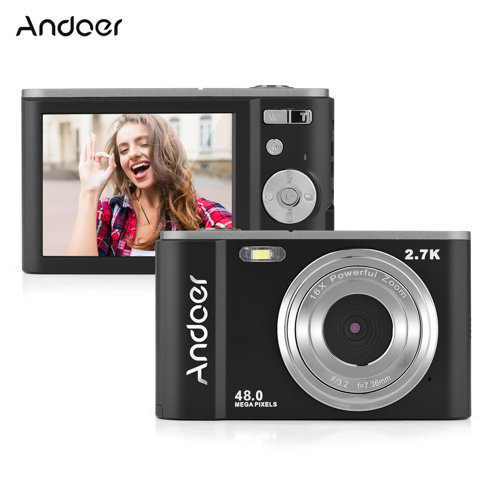 Andoer 미니 디지털 카메라, 48MP, 2.7K, 2.88 인치 IPS 스크린, 16X 줌, 얼굴 인식 내장, 2 개 배터리, 핸드 스트랩, 휴대용 파우치