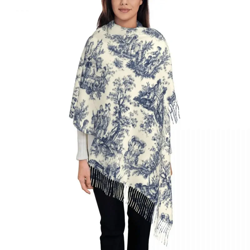 

Female Large Vintage Toile De Jouy Scarves Women Winter Fall Soft Warm Tassel Shawl Wraps Navy Blue And White Scarf