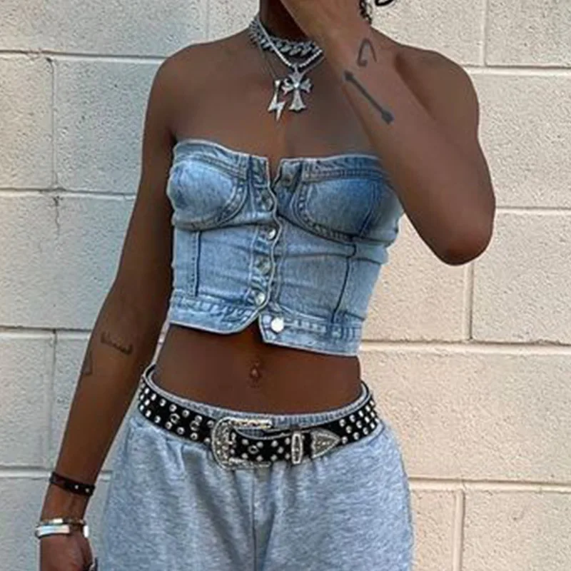 

Streetwear Denim Vest Female Bra Sleeveless Backless Sexy Summer Tank Tops For Women Camisole
