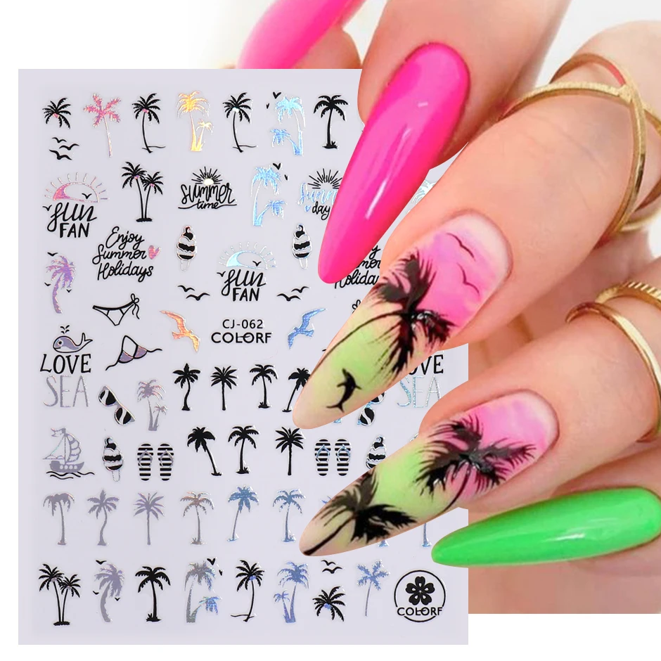 Summer Black Palm Tree Nail Stickers Holographic Mermaid Flower