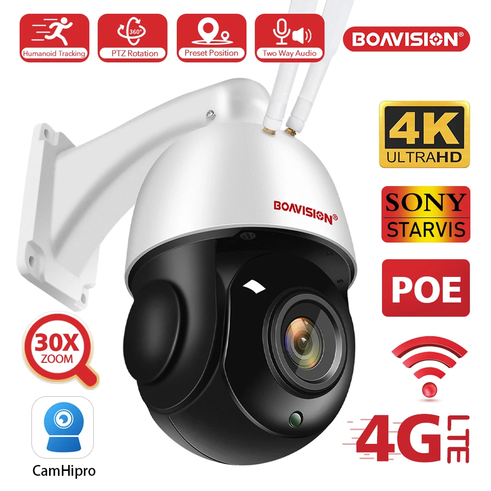 Outdoor IP Camera 8MP 5MP 4G Sim Card WIFI POE AI Auto Tracking 30X Zoom PTZ Speed Dome Two Way Audio IR 80m Surveillance Camera