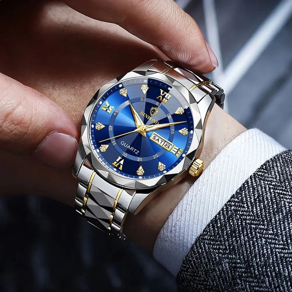 Luxury Top Brand Man Wristwatch Waterproof Luminous Date Week Men Watches Stainless Steel Quartz Men's Watch With Bracelet+Box