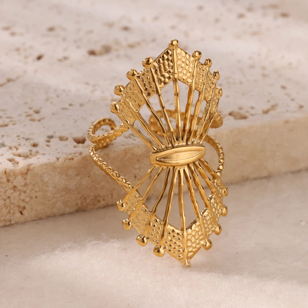 Geometric Fan Rings for Women Gold Color Stainless Steel Adjustable