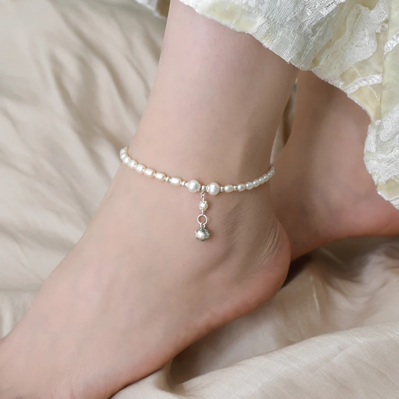 ASHIQI Natural Freshwater Pearl 925 Sterling Silver Bell Anklet Original Design Handmade Fine Jewelry Girl Gift