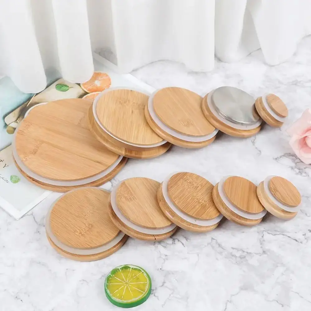 Portable Reusable Bamboo Lids Non Leakage Thicken Wooden Covers Silicone Sealing Jar Canning Caps Drinking Jar Supplies