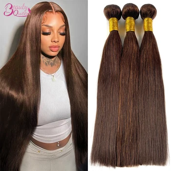 Fasci di capelli umani lisci Fasci di tessuto per capelli castani Fasci di 1/3 Marrone cioccolato # Estensioni dei capelli peruviani a 4 colori per donna