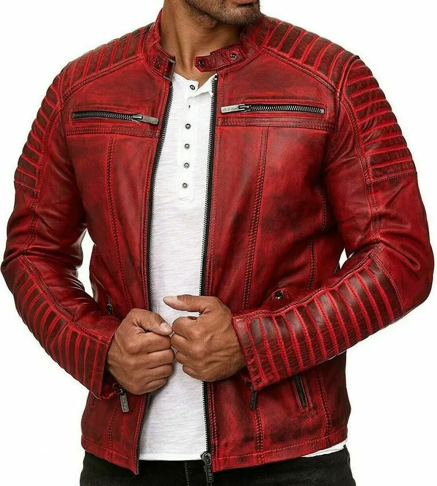 Men's Leather Jacket Coffee Shop Racer Red Genuine Slim Motorcycle Rider New European and American Fashion Trend