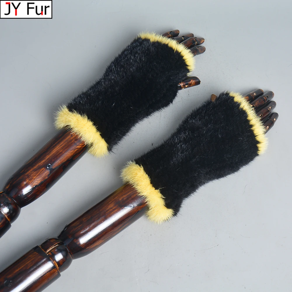 

Hot Sale Winter mink fur gloves for women Real Fur Gloves New 20CM Fashion elasticity Genuine Glove Knitted Mink Fur Fingerless