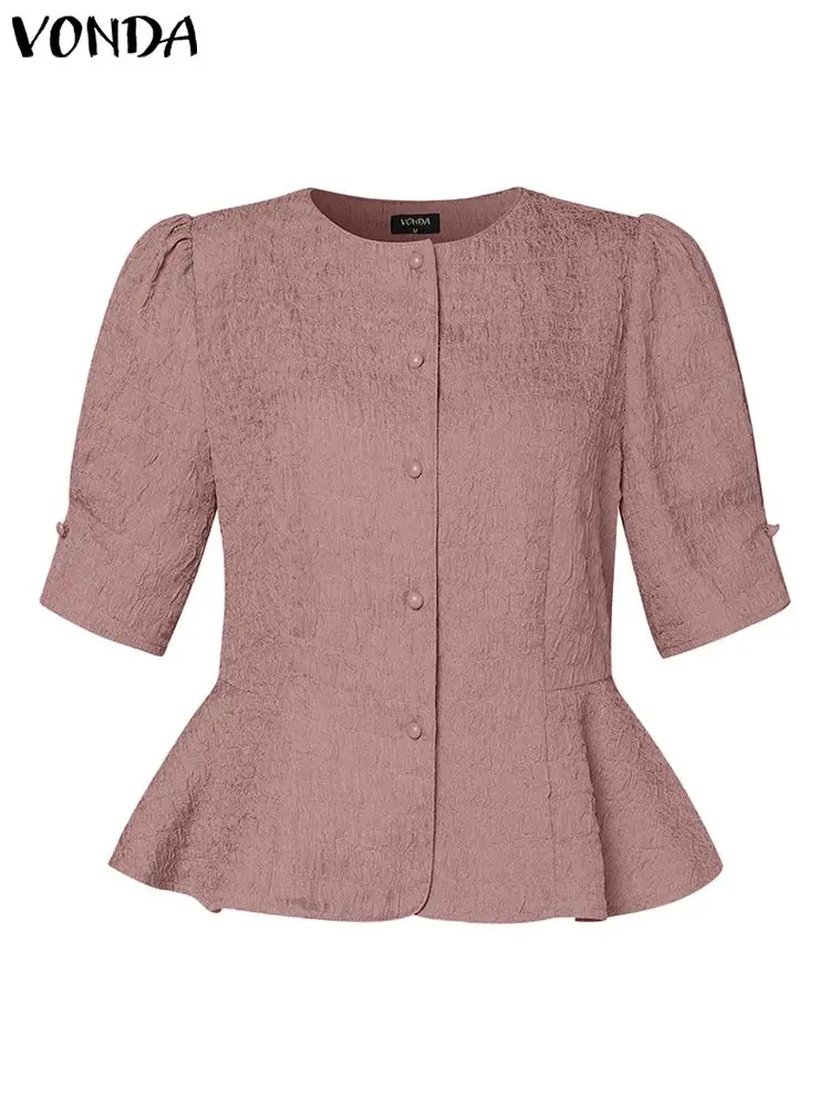 Women Shirts 2023 VONDA Summer Ruffled Tops Casual Loose Elegant Short Puff Sleeve Buttons Blouse Solid Color Blusas Femininas