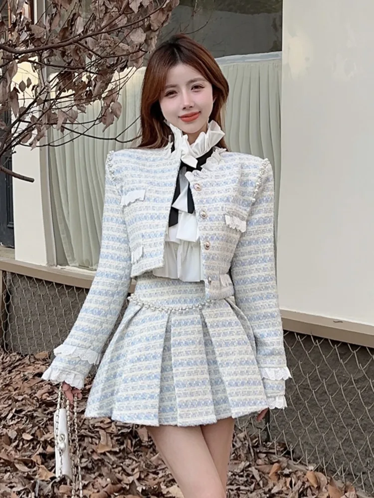 

New Autumn Winter Small Fragrance Tweed Two Piece Set Women Sweet Beading Woolen Jackets + Pleated Skirt Suits Female Outfits