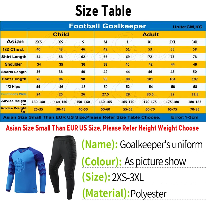 Men Kid Football Goalkeeper Uniform Protective Sponge Long Sleeve Soccer Training Goalkeeper Top Soccer Jersey Pants Custom