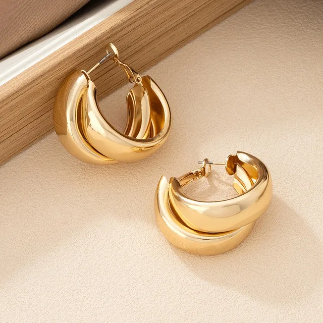 Pendientes de aro Vintage de acero inoxidable de doble capa para mujer, pendientes redondos geométricos a la moda, joyería de fiesta 5