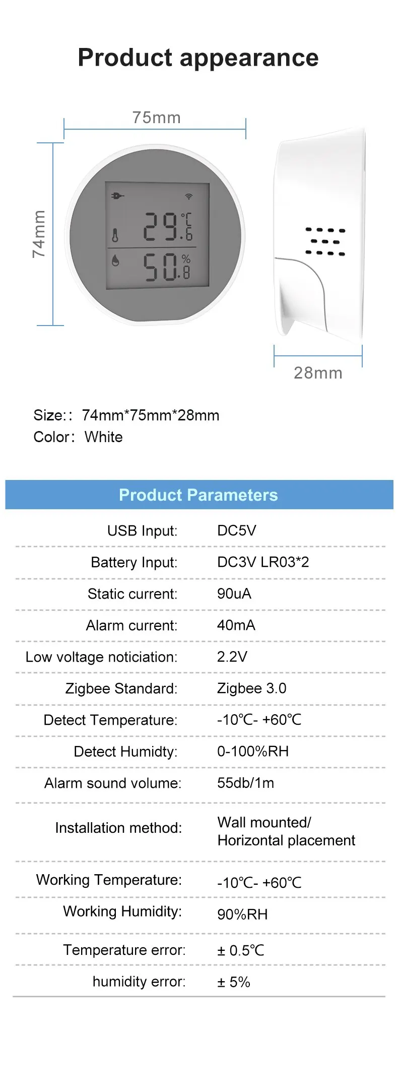 Tuya Zigbee Temperature Humidity Sensor Indoor Hygrometer Thermometer Detector L