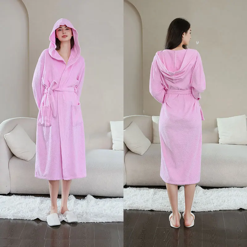 2023 New Solid Robe Hooded Women Lace Up Winter Fashion Causal Home Bathrobe Long Sleeve Men Couple Sleepwear Pajamas