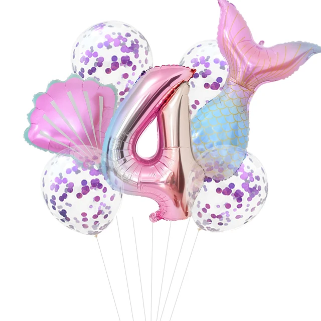 Mermaid Birthday Party Disposable Tableware Set Under The Sea Party Little Mermaid Girls 1st Birthday Decoration Shell Balloons 7pcs number4 set