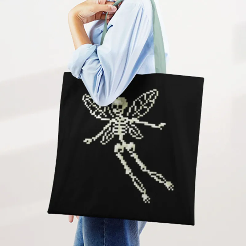 

Butterfly Skull Shoulder Bag Women Shopping Tote Canvas Hip Hop Harajuku Print Trendy Casual Large Capacity Shopper Eco-Friendly