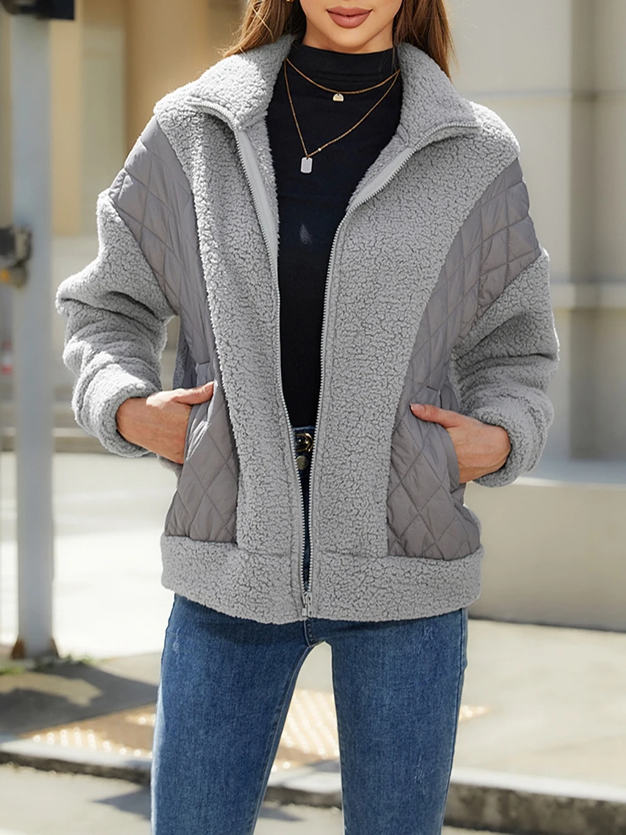 

Fuzzy Fleece Zipper Jacket Winter Warm Long Sleeve Quilted Patchwork Coat Women Punk Loose Outerwear Streetwear