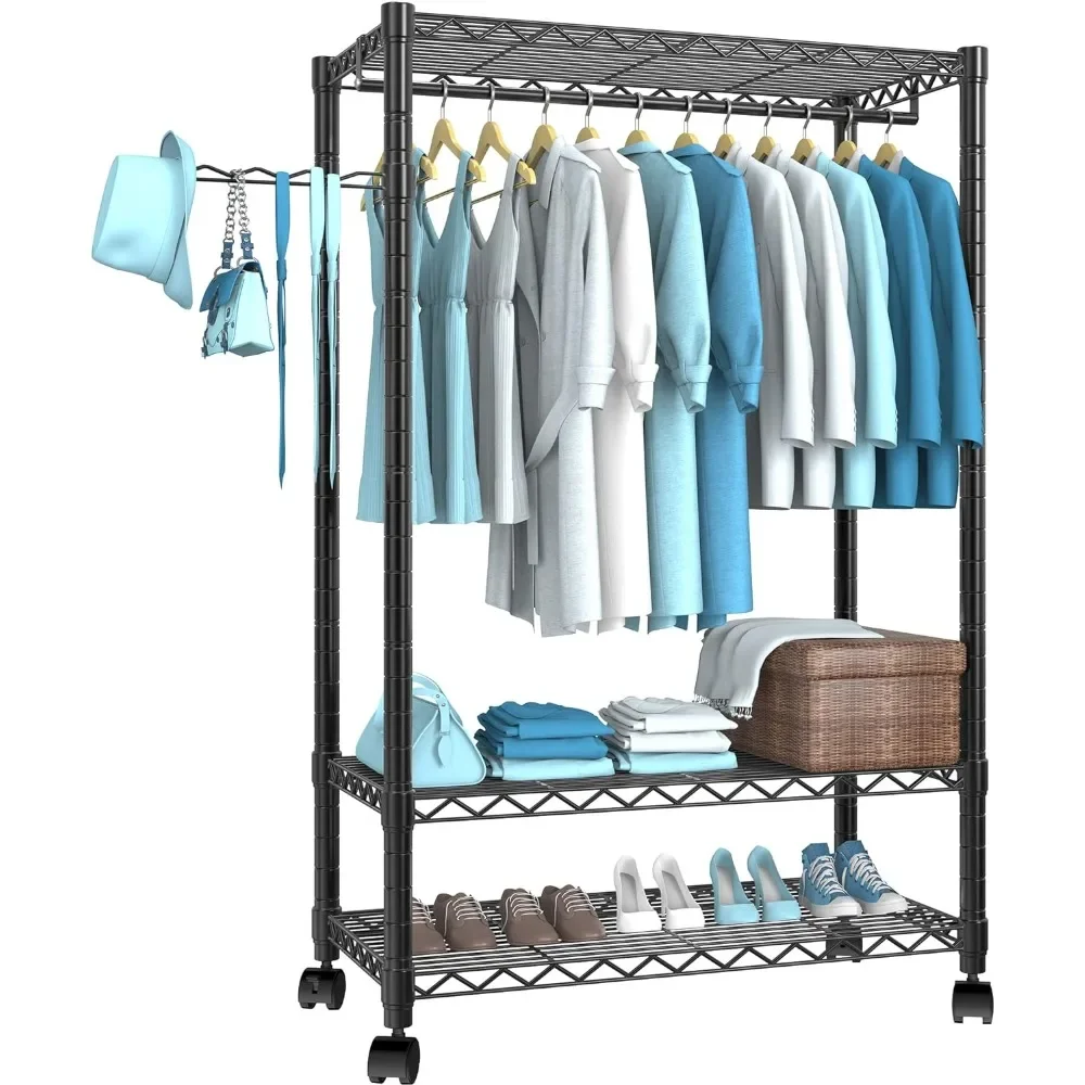 

Wardrobe with 3 adjustable wire shelves, 1 side hook, and 1 clothes pole for hanging clothes, wardrobe