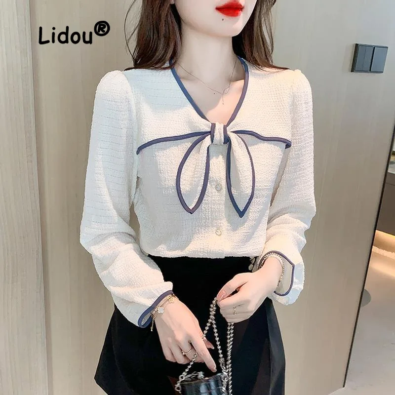 2022 Autumn Fashion Personality Butterfly Knot Blouse Women New Classic Long Sleeve Single-breasted Casual All-match Lady Shirt