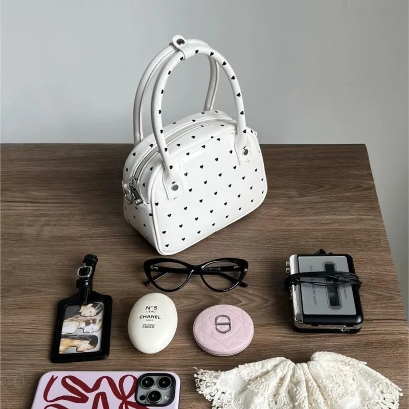 Hot Girl Harajuku Style Heart White Handbag Women Polka Dot Leather Shoulder Bags Ladies High End Sweet Cool Y2k Crossbody Bag