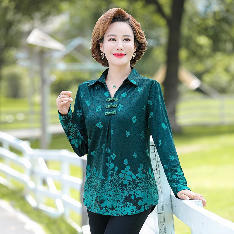 New Shirts Tops Women Blouses Lady vintage buckle print Elegant shirt  collar long sleeve Mother Tops blusas