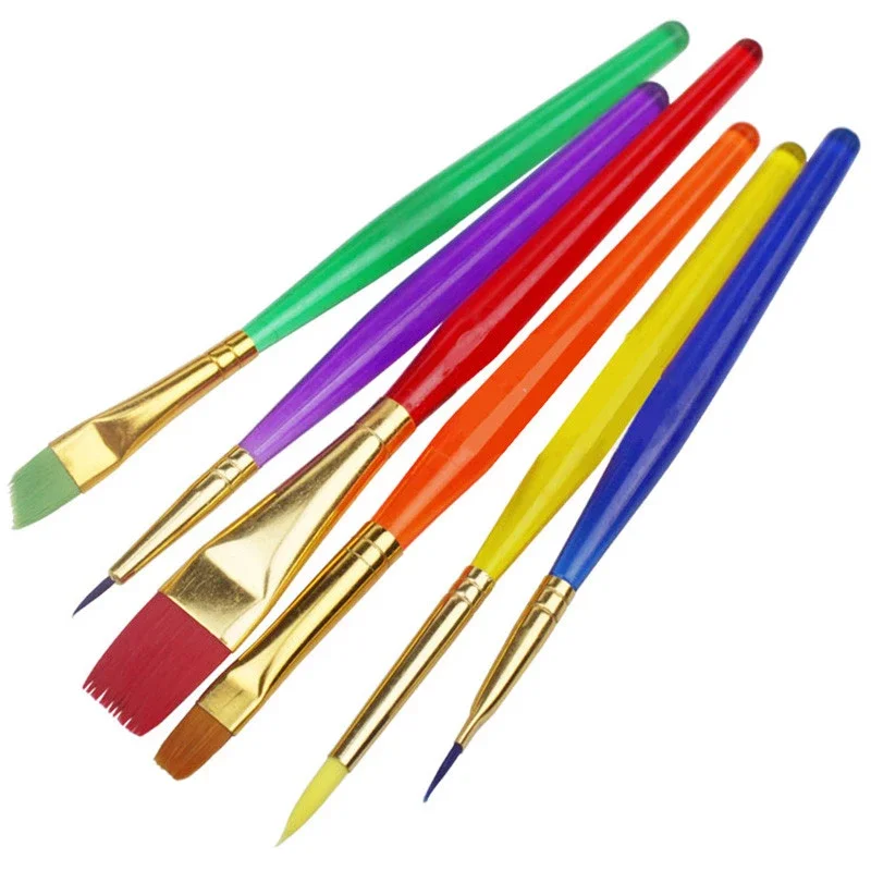 Paint Brushes Set 6 Pcs/Set Colorful Tip Flat Child Paint Brushe Plastic Handle Nylon Paint Brushes Set Drawing Art Supplies
