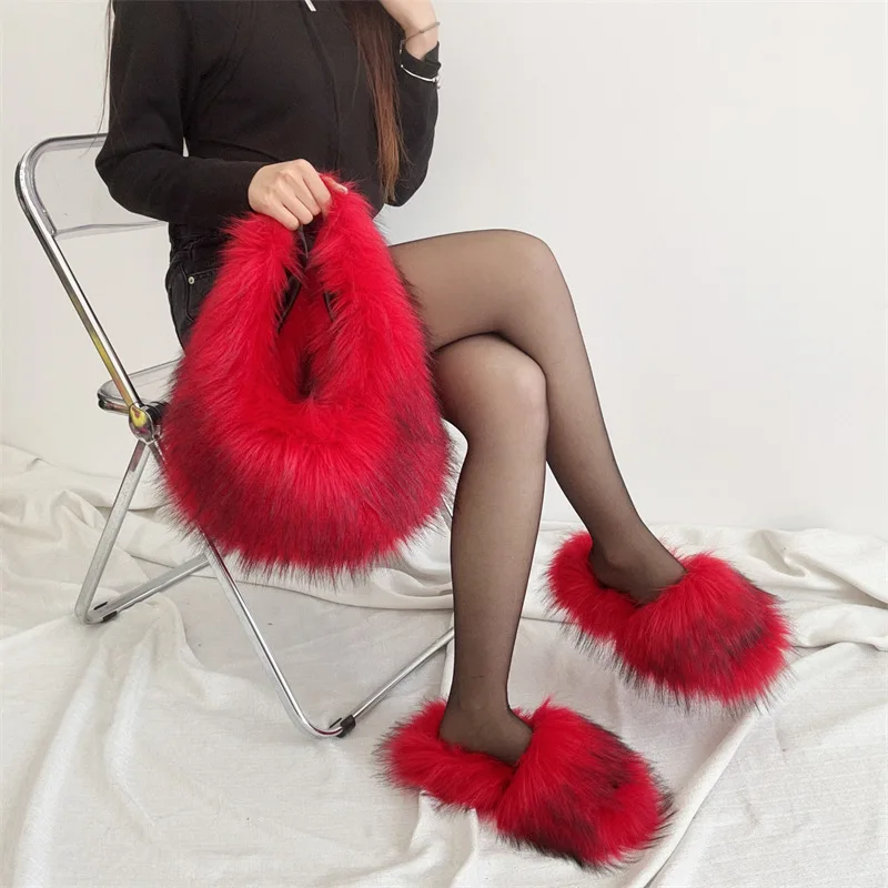 

Fashion Faux Fur Slippers Bag Set Fur Handbags Women Home Slippers Woman Luxury Slides Furry Bag Suit Purse Wallet Indoor Shoes