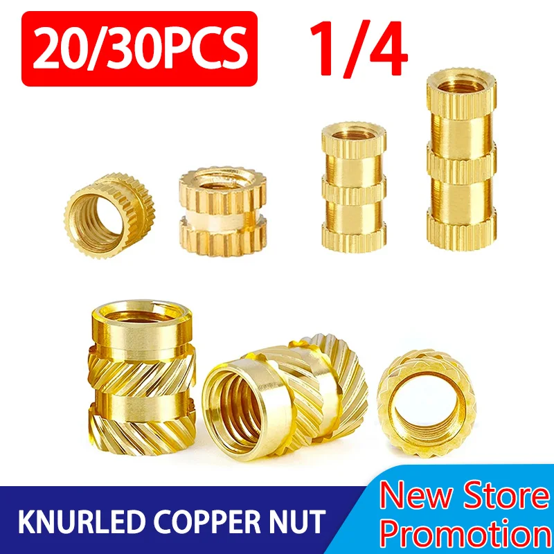 20PCS Brass 1/4 Insert Nut Inch Size Heat Threaded Knurled Hot Melt Molding Injection Embedded Copper Nut of Plastic 3D Printing