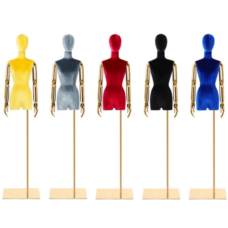 

Gold Square Base Upper Half Body Female Fabric Mannequin With Electroplate Manipulator Gold Arms M-0023