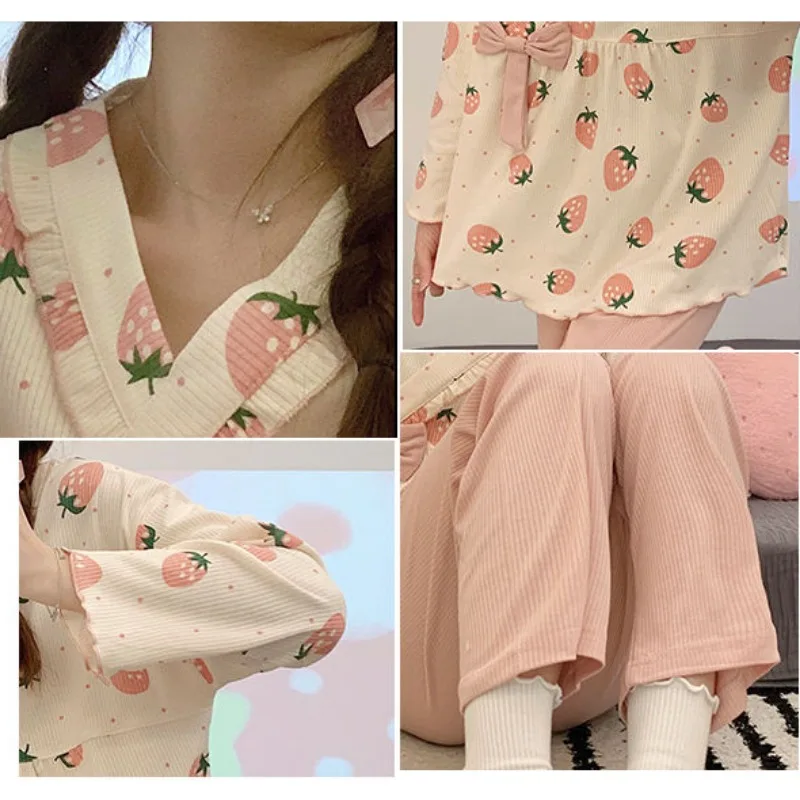 Women Pajamas Autumn New Female Sweet Cute Pure Cotton Long Sleeve Long Pants Homewear Suit V-neck Casual Nightclothes 2024