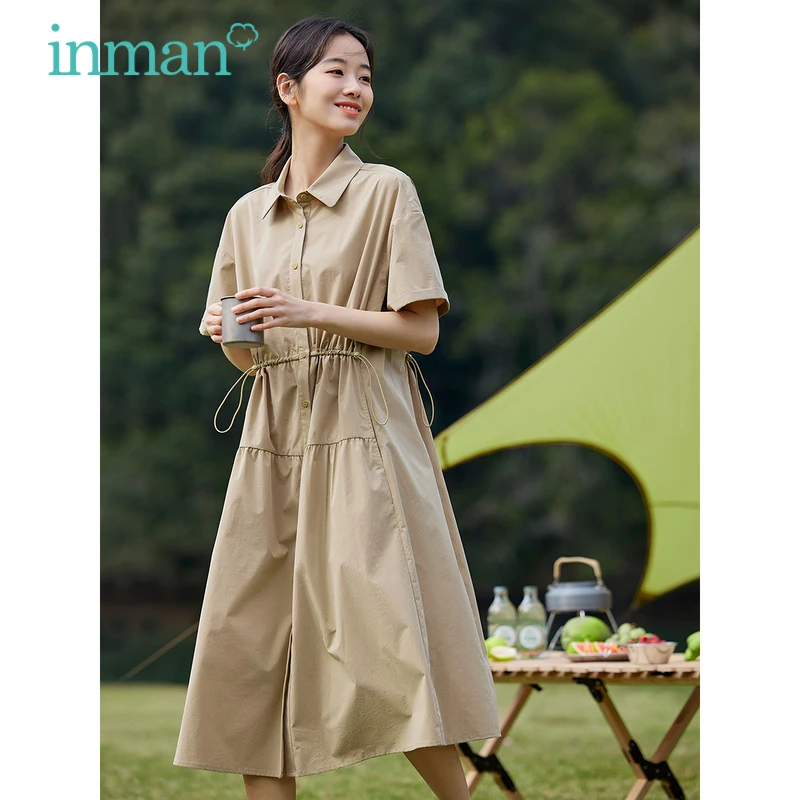 

INMAN Women Dress 2023 Summer Short Sleeves Polo Neck A-shaped Drawstring Design Hooked Flower Shawl Casual Chic Skirt