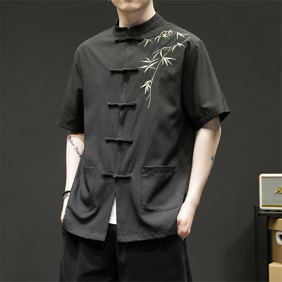 Linen Shirts Men Summer Short Sleeve Shirt Bamboo Leaf Embroidery Chinese Style Button Design Shirts Male